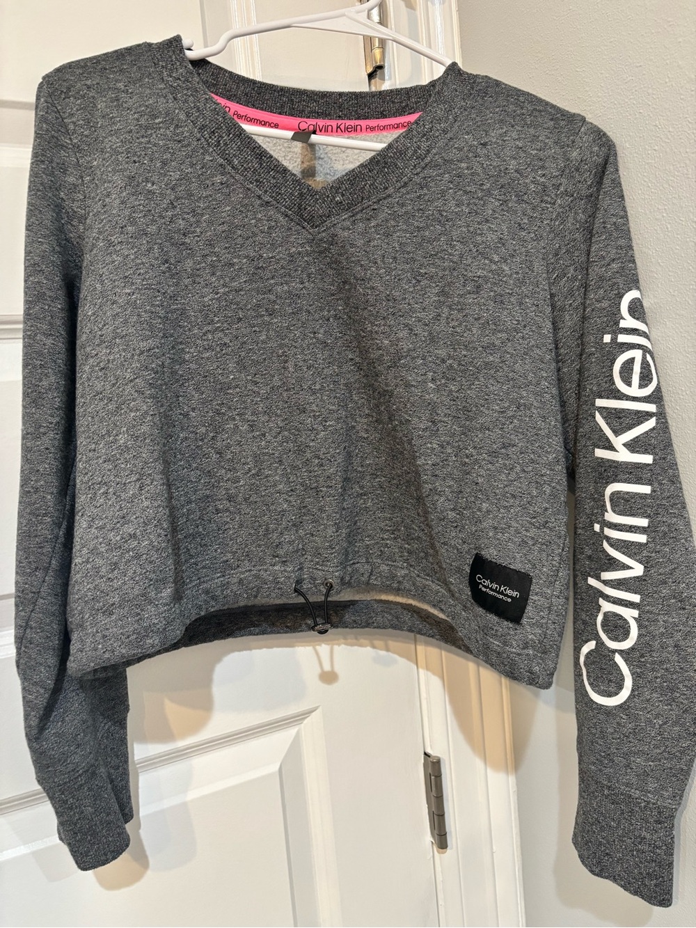 Calvin Klein Gray V-Neck Cropped Pullover with Sleeve Logo